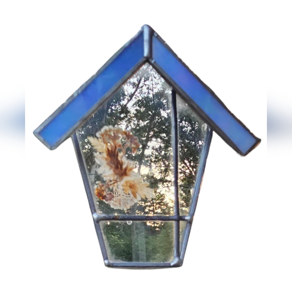 Vintage Blue Iridescent & Silver House Shaped Stained Glass Suncatcher